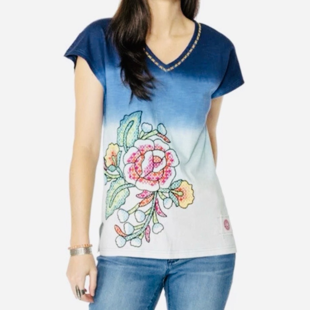 Double D Ranch Hope Top Blue Ombré Floral Embroidered Tee Western Boho Size L